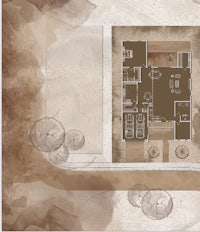 a floor plan of a house with a tree in the background