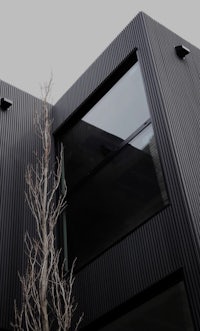 a black house with a tree in front of it