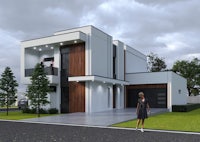 3d rendering of a modern house with a woman walking in front of it