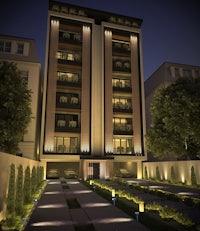 a 3d rendering of an apartment building at night